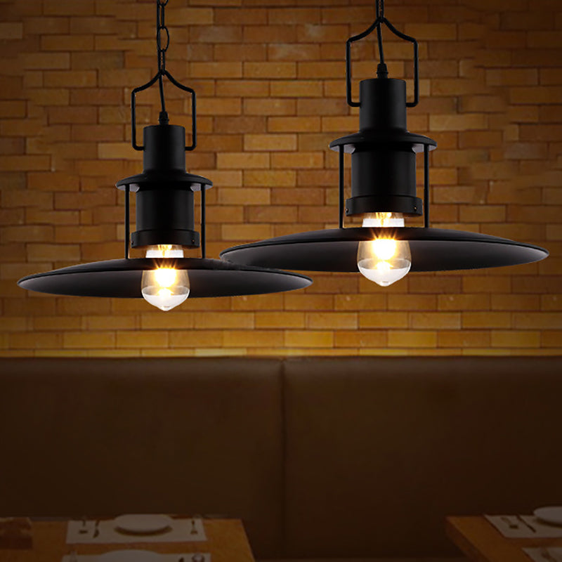 Flat Cone Shade Metal Pendant Light Industrial 1 Light Dining Room Hanging Fixture in Black, 16