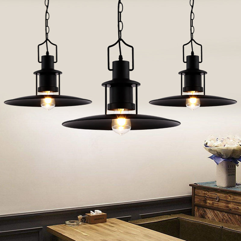 Flat Cone Shade Metal Pendant Light Industrial 1 Light Dining Room Hanging Fixture in Black, 16