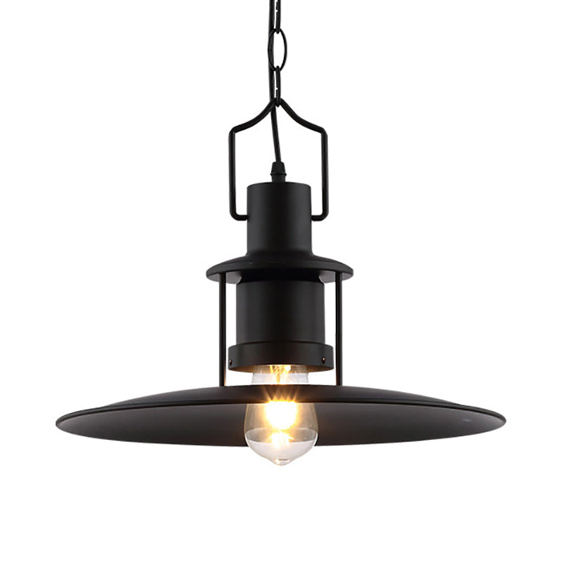 Flat Cone Shade Metal Pendant Light Industrial 1 Light Dining Room Hanging Fixture in Black, 16