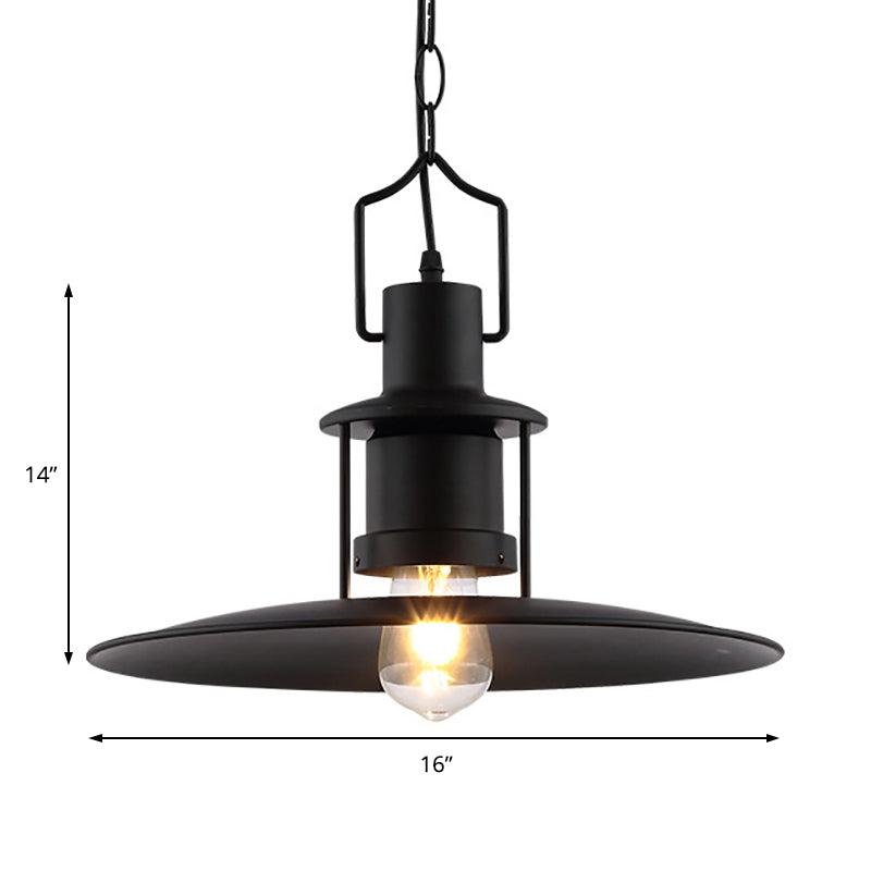 Flat Cone Shade Metal Pendant Light Industrial 1 Light Dining Room Hanging Fixture in Black, 16