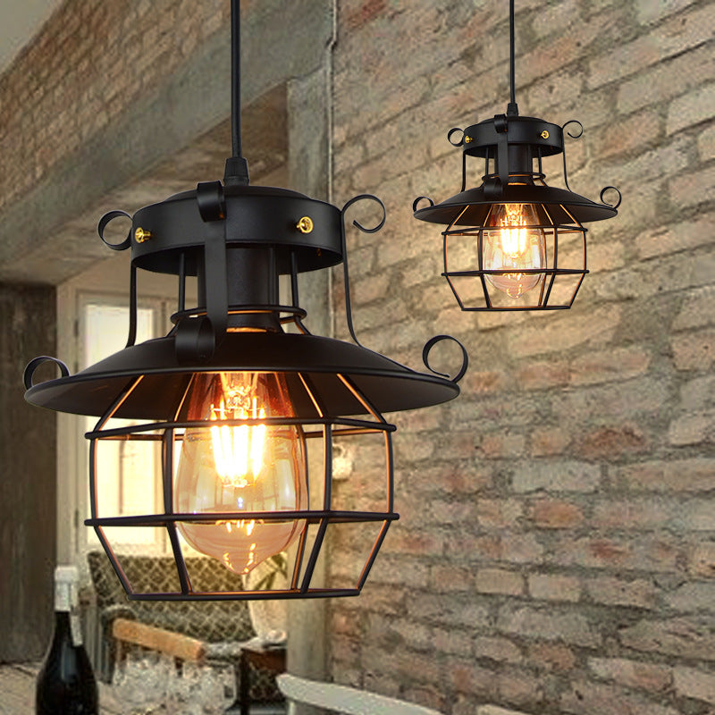 1 Light Iron Pendant Lamp Vintage Industrial Satin Black Dome Cage Shade Restaurant Ceiling Fixture Black Clearhalo 'Art Deco Pendants' 'Black' 'Cast Iron' 'Ceiling Lights' 'Ceramic' 'Crystal' 'Industrial Pendants' 'Industrial' 'Metal' 'Middle Century Pendants' 'Pendant Lights' 'Pendants' 'Rustic Pendants' 'Tiffany' Lighting' 85832