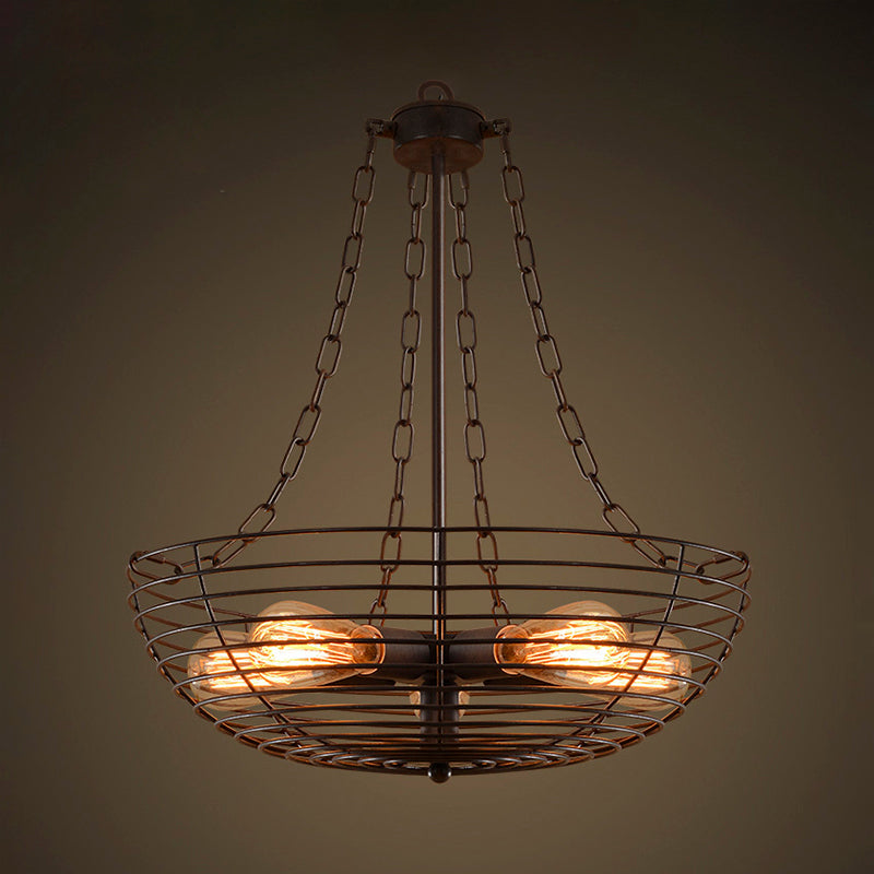 Bowl Farmhouse Chandelier Lighting with Wire Guard Antique Style Iron 5-Light Dark Rust Hanging Light Fixture Rust Clearhalo 'Cast Iron' 'Ceiling Lights' 'Chandeliers' 'Industrial Chandeliers' 'Industrial' 'Metal' 'Middle Century Chandeliers' 'Rustic Chandeliers' 'Tiffany' Lighting' 86047