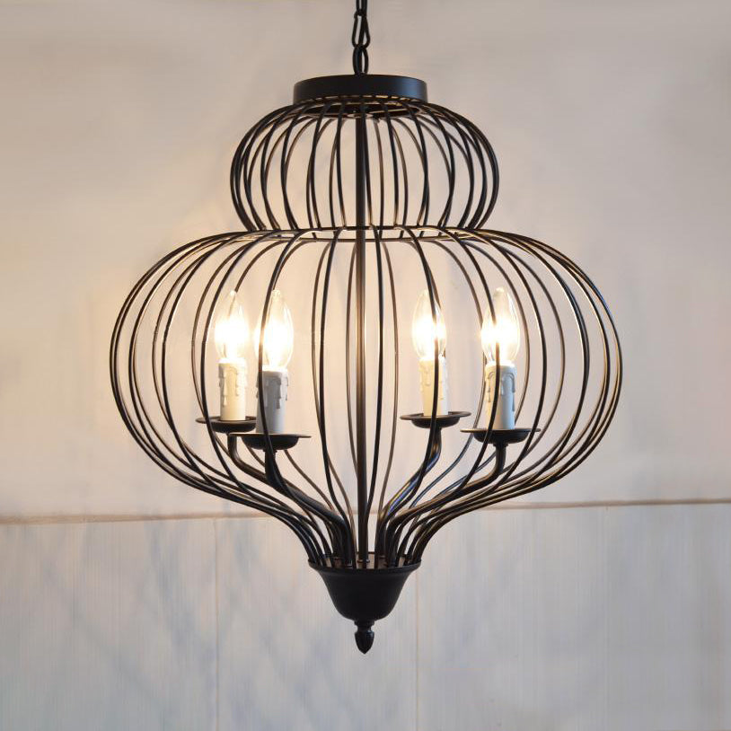 Metal Black Ceiling Light Fixture Gourd Cage Shade 4 Lights Vintage Style Large Pendant Lighting with Candle Black Clearhalo 'Cast Iron' 'Ceiling Lights' 'Chandeliers' 'Industrial Chandeliers' 'Industrial' 'Metal' 'Middle Century Chandeliers' 'Rustic Chandeliers' 'Tiffany' Lighting' 86090