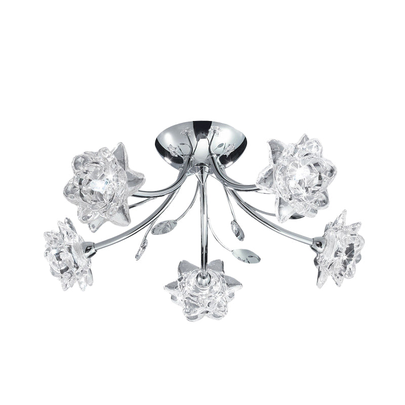 Polished Chrome 5-Head Semi Flush Modern Stylish Crystal Flower Blossom Ceiling Mount Chandelier Clearhalo 'Ceiling Lights' 'Close To Ceiling Lights' 'Close to ceiling' 'Semi-flushmount' Lighting' 862512