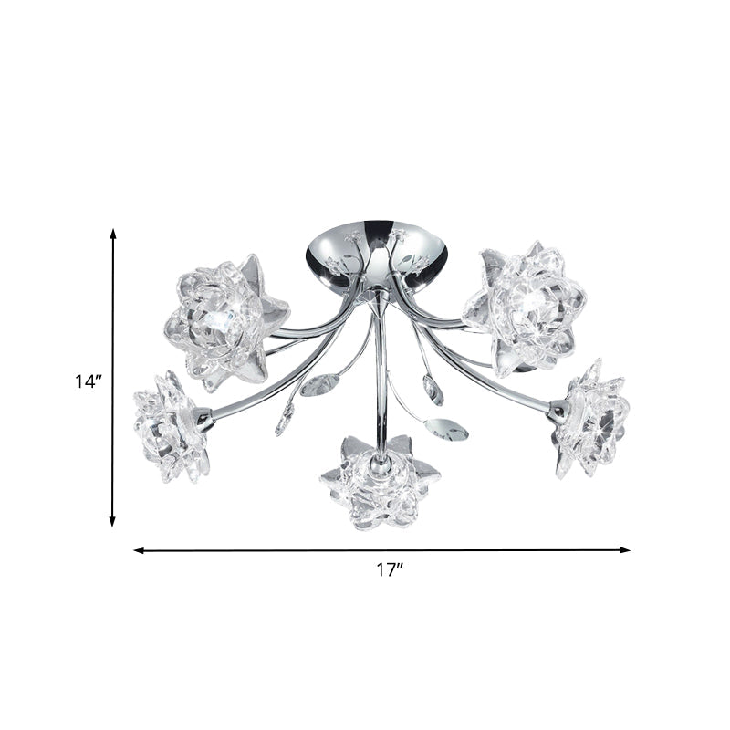 Polished Chrome 5-Head Semi Flush Modern Stylish Crystal Flower Blossom Ceiling Mount Chandelier Clearhalo 'Ceiling Lights' 'Close To Ceiling Lights' 'Close to ceiling' 'Semi-flushmount' Lighting' 862513