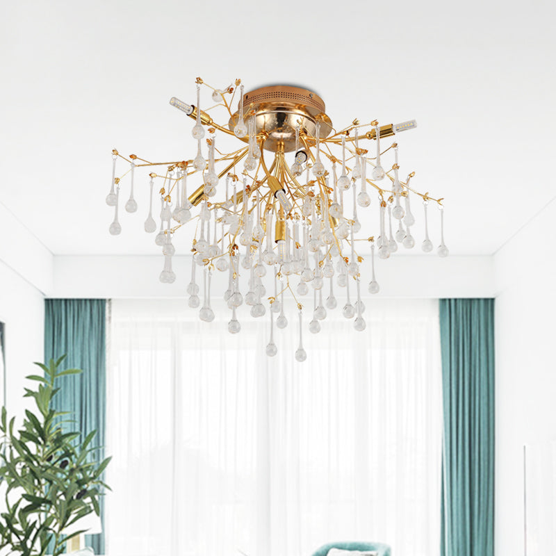 Cascade Bedroom Semi Flush Light Traditional Crystal Drip 10-Head Gold Ceiling Mount Lamp Clearhalo 'Ceiling Lights' 'Close To Ceiling Lights' 'Close to ceiling' 'Semi-flushmount' Lighting' 862531