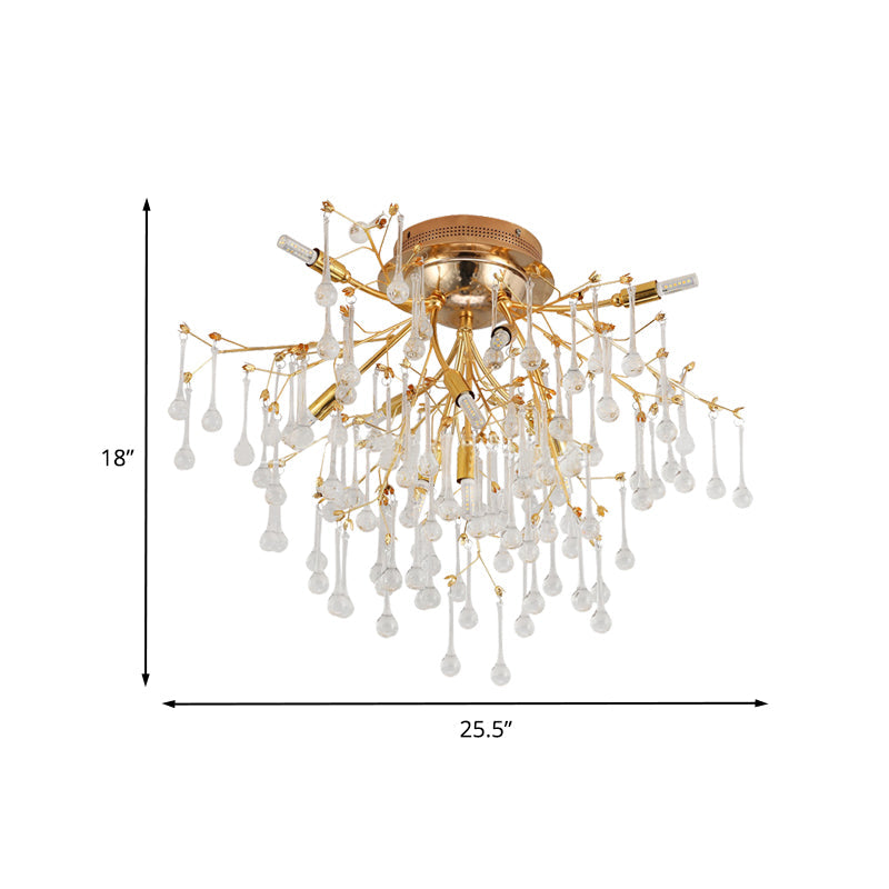 Cascade Bedroom Semi Flush Light Traditional Crystal Drip 10-Head Gold Ceiling Mount Lamp Clearhalo 'Ceiling Lights' 'Close To Ceiling Lights' 'Close to ceiling' 'Semi-flushmount' Lighting' 862533