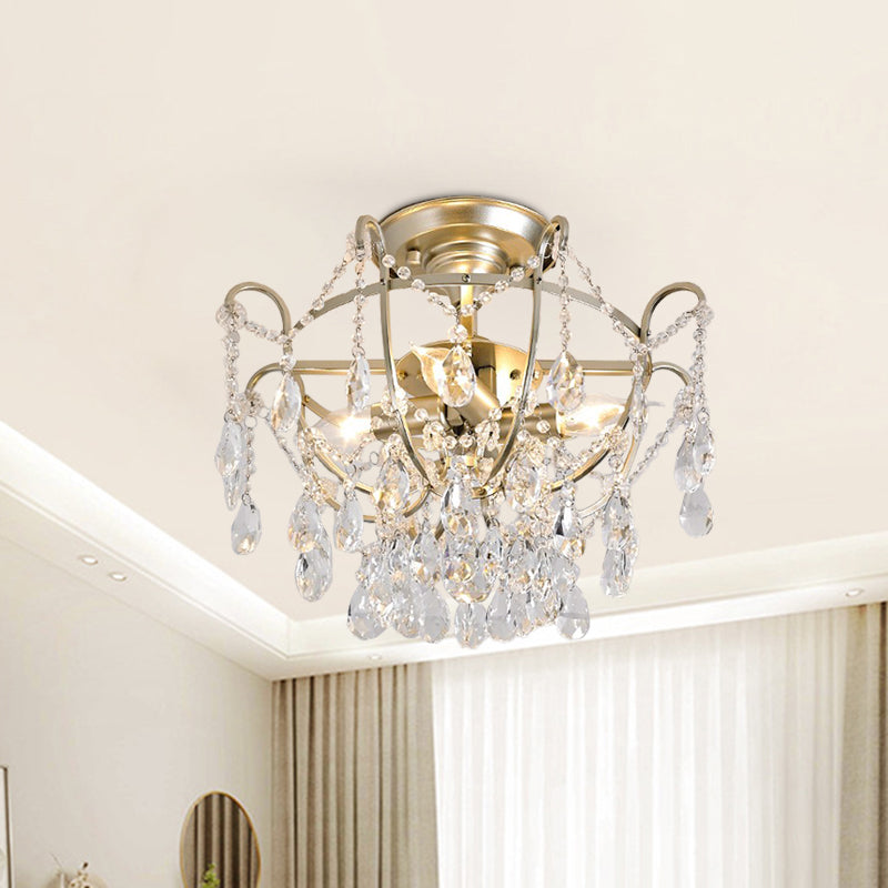 Gold Bowl Cage Ceiling Light Vintage Crystal Strand 4 Lights Lounge Semi Flush Mount Light Clearhalo 'Ceiling Lights' 'Close To Ceiling Lights' 'Close to ceiling' 'Semi-flushmount' Lighting' 862543