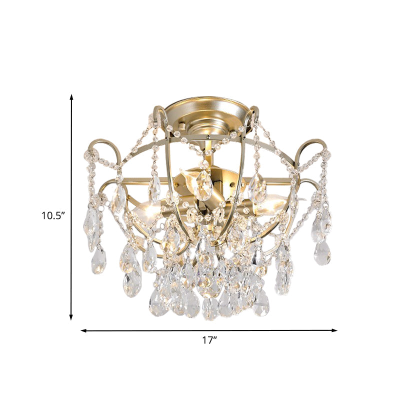 Gold Bowl Cage Ceiling Light Vintage Crystal Strand 4 Lights Lounge Semi Flush Mount Light Clearhalo 'Ceiling Lights' 'Close To Ceiling Lights' 'Close to ceiling' 'Semi-flushmount' Lighting' 862545