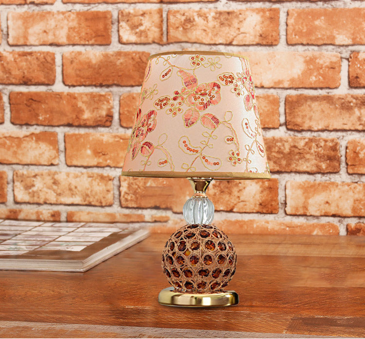 Floral Fabric Tan Table Light Tapered Shade 1 Head Countryside Nightstand Lamp with Crystal Embedded Ball Base Clearhalo 'Lamps' 'Table Lamps' Lighting' 862611