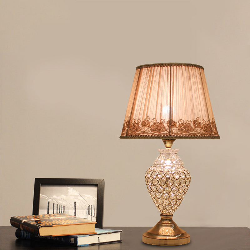 1 Head Rose-Trim Conical Table Light Rural Gold Pleated Fabric Night Lamp with Pot Crystal Base Gold Clearhalo 'Lamps' 'Table Lamps' Lighting' 862622
