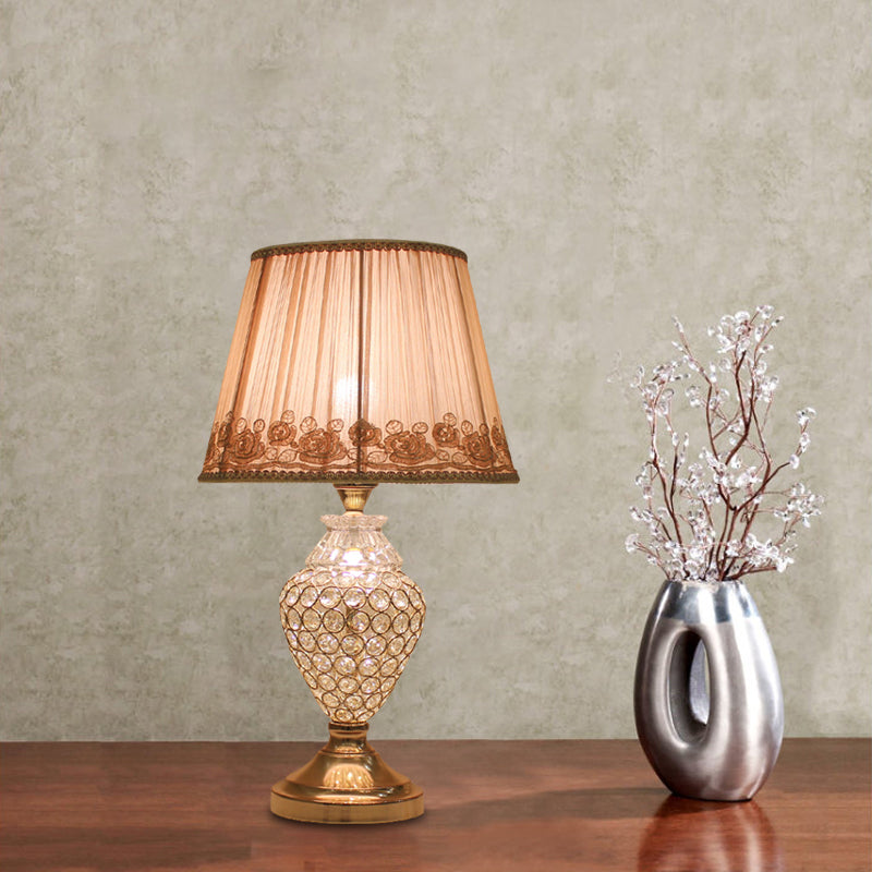 1 Head Rose-Trim Conical Table Light Rural Gold Pleated Fabric Night Lamp with Pot Crystal Base Clearhalo 'Lamps' 'Table Lamps' Lighting' 862623