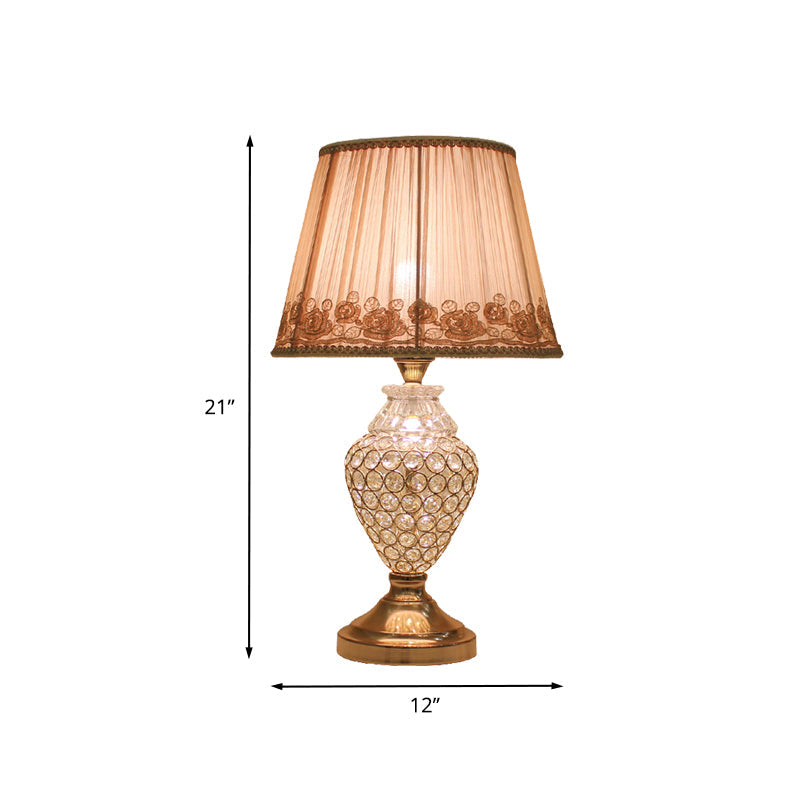 1 Head Rose-Trim Conical Table Light Rural Gold Pleated Fabric Night Lamp with Pot Crystal Base Clearhalo 'Lamps' 'Table Lamps' Lighting' 862625