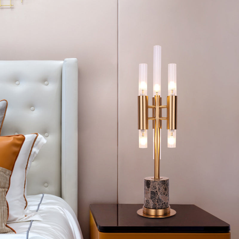 Fluted Glass Trident LED Table Light Mid-Century Hotel Nightstand Lamp with Cylinder Base in Gold Gold Clearhalo 'Lamps' 'Table Lamps' Lighting' 862694