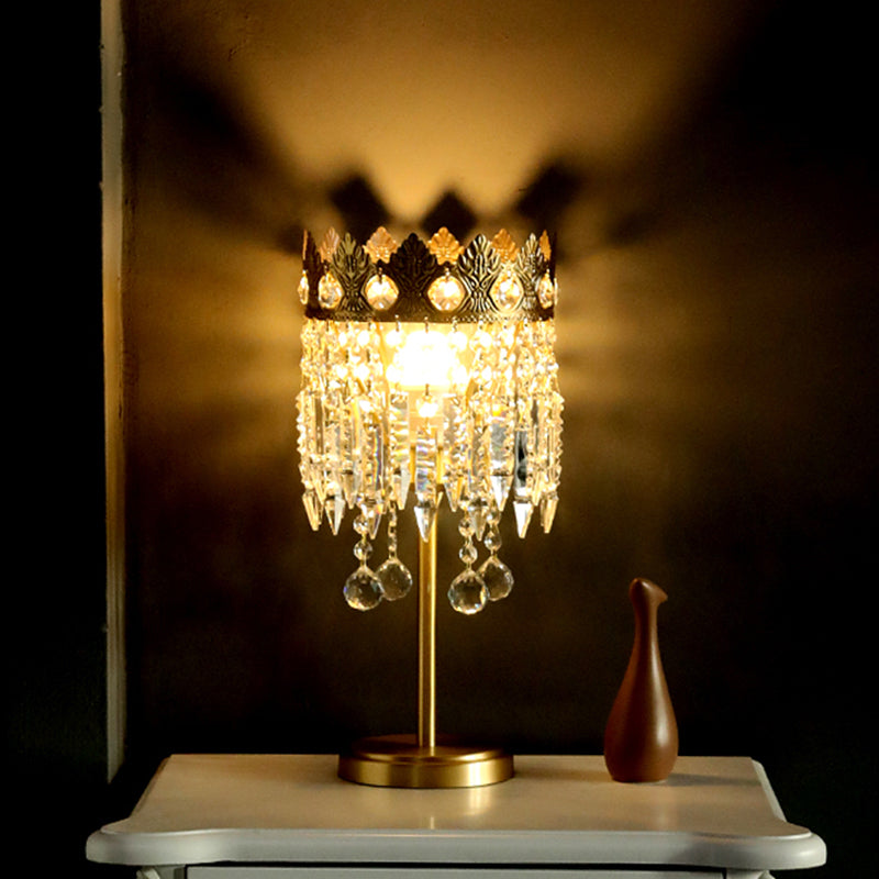 Brass 1 Bulb Nightstand Light Antique Crystal Fringe Table Lighting with Carved Crown Top Brass Clearhalo 'Lamps' 'Table Lamps' Lighting' 862702