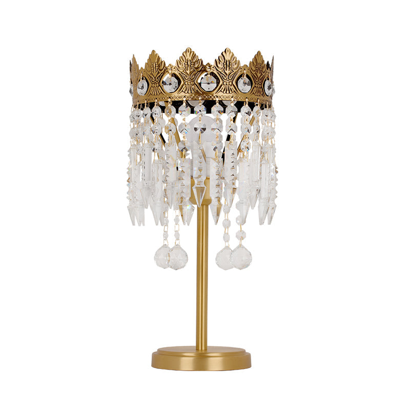 Brass 1 Bulb Nightstand Light Antique Crystal Fringe Table Lighting with Carved Crown Top Clearhalo 'Lamps' 'Table Lamps' Lighting' 862704