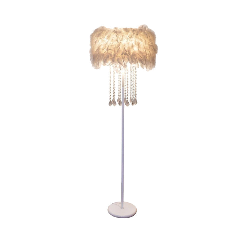 Feather White Standing Light Fluffy Drum 1 Head Modernist Floor Lamp with Crystal Drapes Clearhalo 'Floor Lamps' 'Lamps' Lighting' 862720