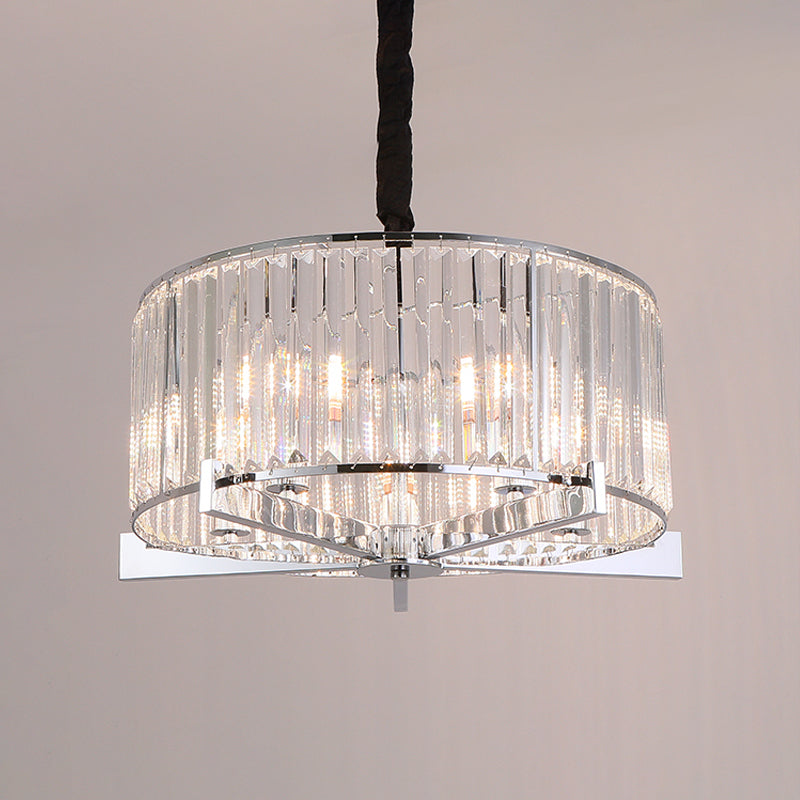 Modern Drum Ceiling Chandelier 5/6-Head Prismatic Crystal Suspension Light over Table Clearhalo 'Ceiling Lights' 'Chandeliers' 'Clear' 'Industrial' 'Modern Chandeliers' 'Modern' 'Tiffany' 'Traditional Chandeliers' Lighting' 862764