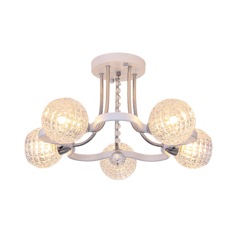 Clear Lattice Glass Ball Semi Flush Modernism 3/5 Lights Bedroom Ceiling Mounted Light in White Clearhalo 'Ceiling Lights' 'Close To Ceiling Lights' 'Close to ceiling' 'Glass shade' 'Glass' 'Semi-flushmount' Lighting' 862813