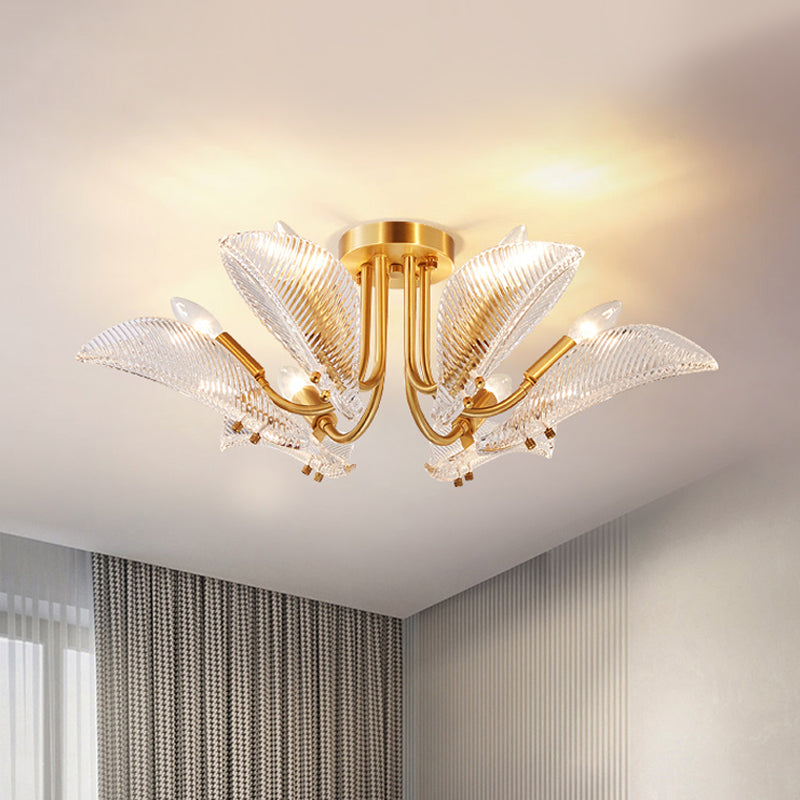 6 Heads Transparent Glass Ceiling Lamp Postmodern Brass Leaf Bedroom Semi Flush Mount Light Brass Clearhalo 'Ceiling Lights' 'Close To Ceiling Lights' 'Close to ceiling' 'Semi-flushmount' Lighting' 862823