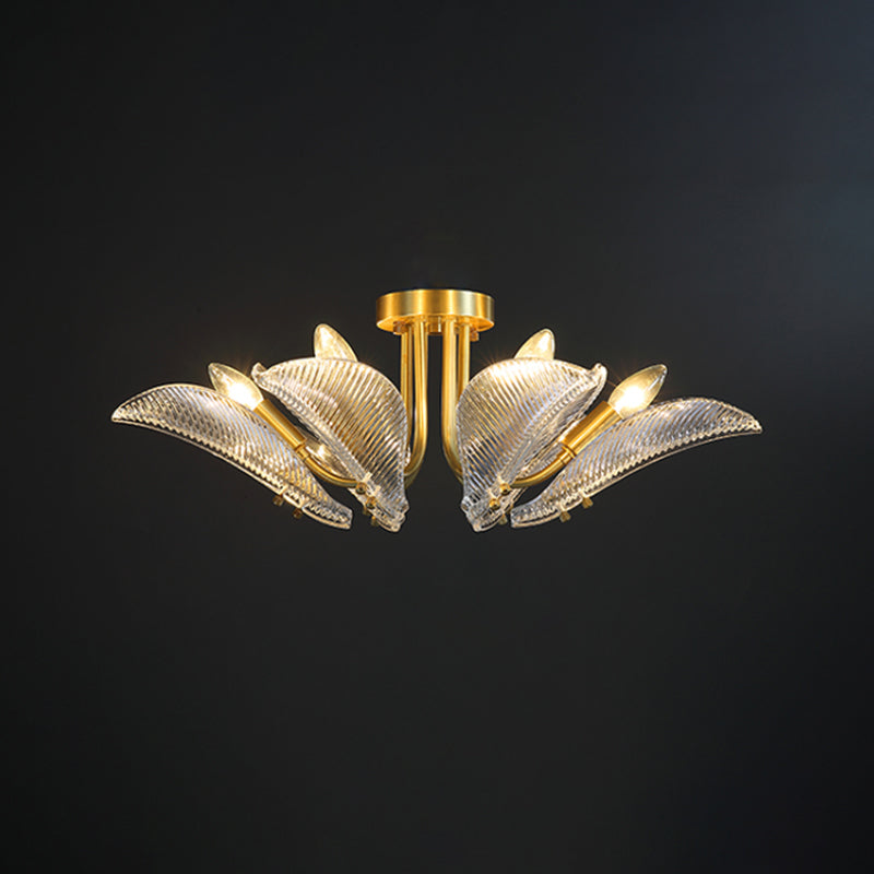 6 Heads Transparent Glass Ceiling Lamp Postmodern Brass Leaf Bedroom Semi Flush Mount Light Clearhalo 'Ceiling Lights' 'Close To Ceiling Lights' 'Close to ceiling' 'Semi-flushmount' Lighting' 862825