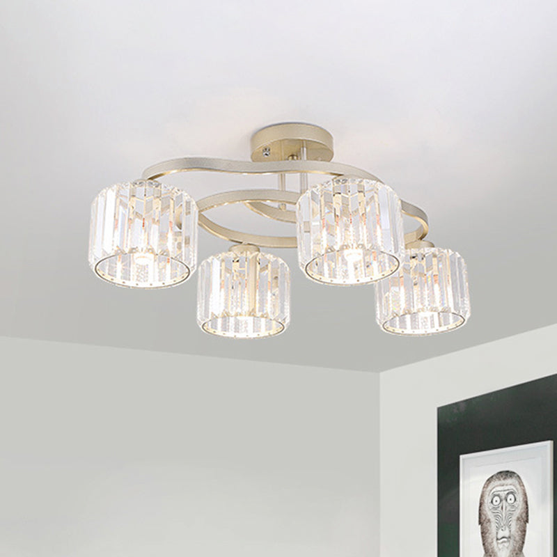 4/6-Bulb Semi Flush Mount Lamp Modern Dining Room Ceiling Fixture with Cup Prismatic Crystal Shade in Gold 4 Gold Clearhalo 'Ceiling Lights' 'Close To Ceiling Lights' 'Close to ceiling' 'Semi-flushmount' Lighting' 862827