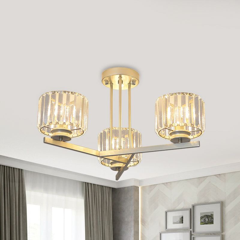 Gold 3/4-Light Semi Mount Lighting Modern Crystal Prism Short Cylinder Ceiling Flush Light 3 Gold Clearhalo 'Ceiling Lights' 'Close To Ceiling Lights' 'Close to ceiling' 'Semi-flushmount' Lighting' 862836