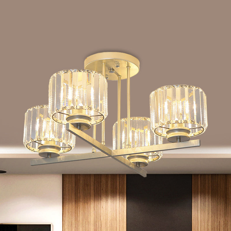 Gold 3/4-Light Semi Mount Lighting Modern Crystal Prism Short Cylinder Ceiling Flush Light 4 Gold Clearhalo 'Ceiling Lights' 'Close To Ceiling Lights' 'Close to ceiling' 'Semi-flushmount' Lighting' 862840