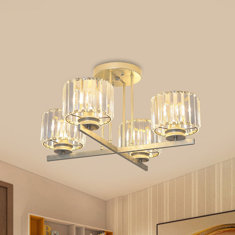 Gold 3/4-Light Semi Mount Lighting Modern Crystal Prism Short Cylinder Ceiling Flush Light Clearhalo 'Ceiling Lights' 'Close To Ceiling Lights' 'Close to ceiling' 'Semi-flushmount' Lighting' 862841