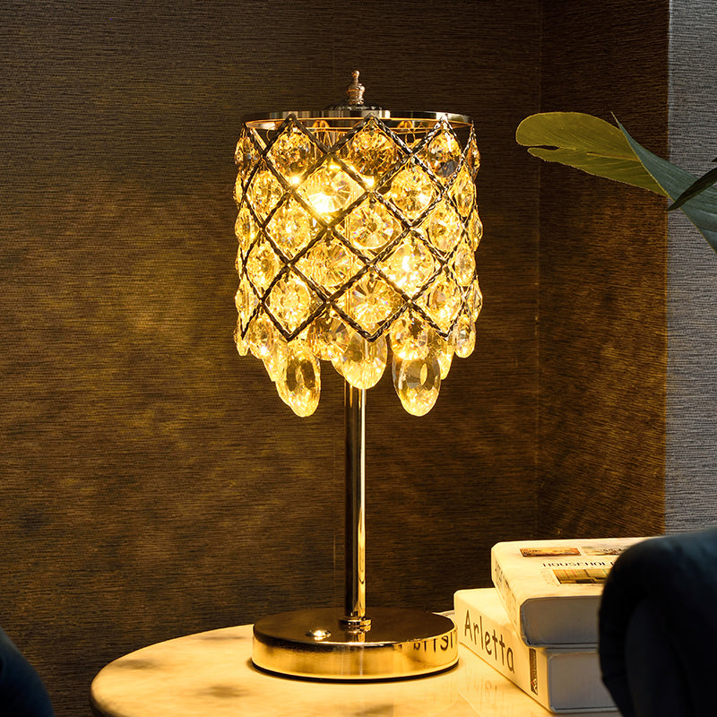 Crisscrossed Cylinder Lounge Table Lamp Modernist Crystal Clear/Champagne LED Night Stand Light Champagne Clearhalo 'Lamps' 'Table Lamps' Lighting' 862970