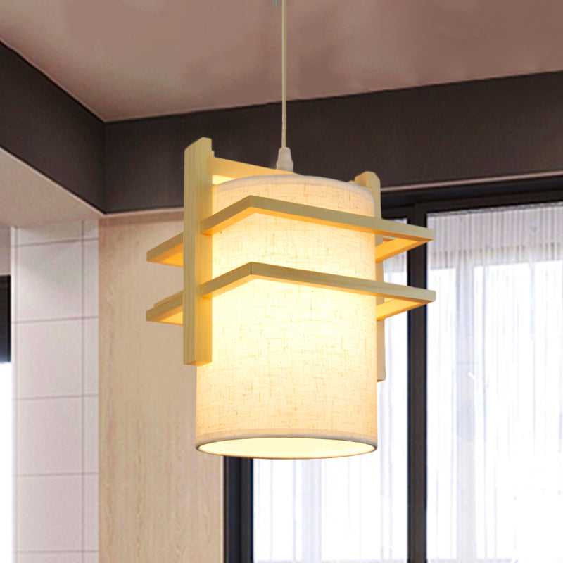 Fabric Cylindrical Hanging Lamp Kit Asian Style 1 Head Beige Ceiling Suspension Light with Wood Shelf Clearhalo 'Ceiling Lights' 'Pendant Lights' 'Pendants' Lighting' 863282