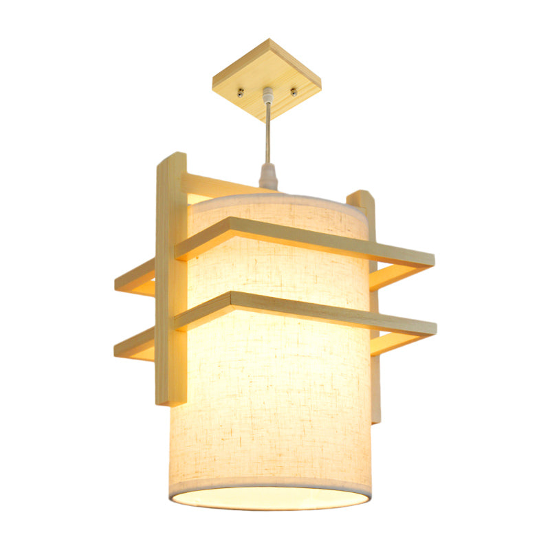 Fabric Cylindrical Hanging Lamp Kit Asian Style 1 Head Beige Ceiling Suspension Light with Wood Shelf Clearhalo 'Ceiling Lights' 'Pendant Lights' 'Pendants' Lighting' 863283