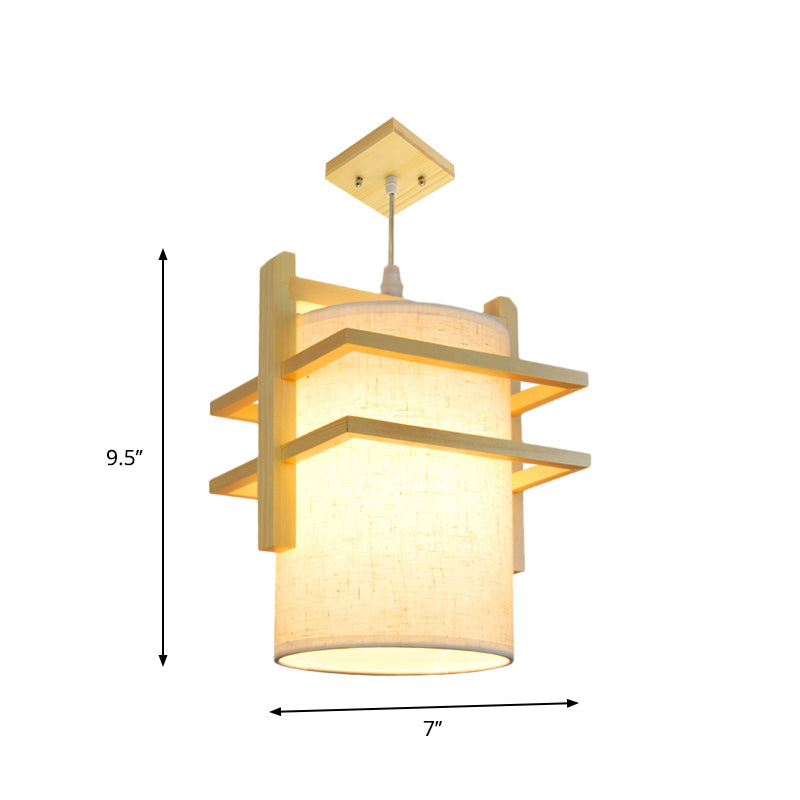 Fabric Cylindrical Hanging Lamp Kit Asian Style 1 Head Beige Ceiling Suspension Light with Wood Shelf Clearhalo 'Ceiling Lights' 'Pendant Lights' 'Pendants' Lighting' 863284