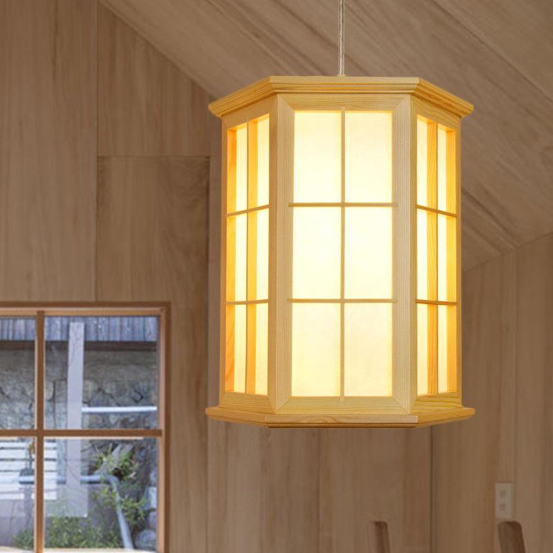Wood Hexagon Pendulum Light Japanese Style 1-Head Hanging Ceiling Lamp in Beige for Tea Room Beige Clearhalo 'Ceiling Lights' 'Pendant Lights' 'Pendants' Lighting' 863293_4393bd26-7ae2-4da7-a08e-514b3910dc25