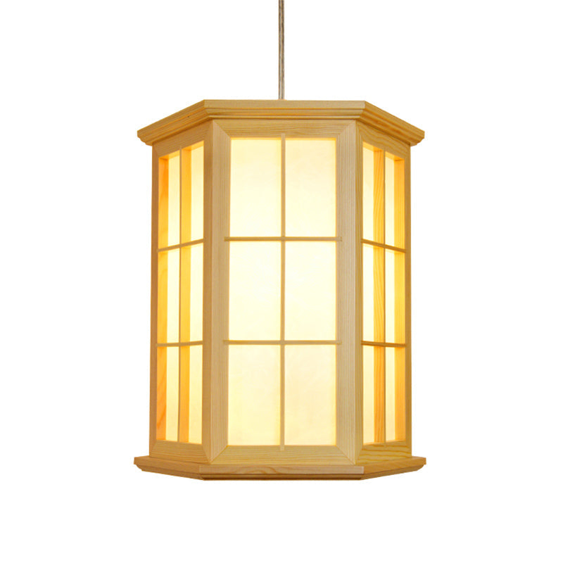 Wood Hexagon Pendulum Light Japanese Style 1-Head Hanging Ceiling Lamp in Beige for Tea Room Clearhalo 'Ceiling Lights' 'Pendant Lights' 'Pendants' Lighting' 863295