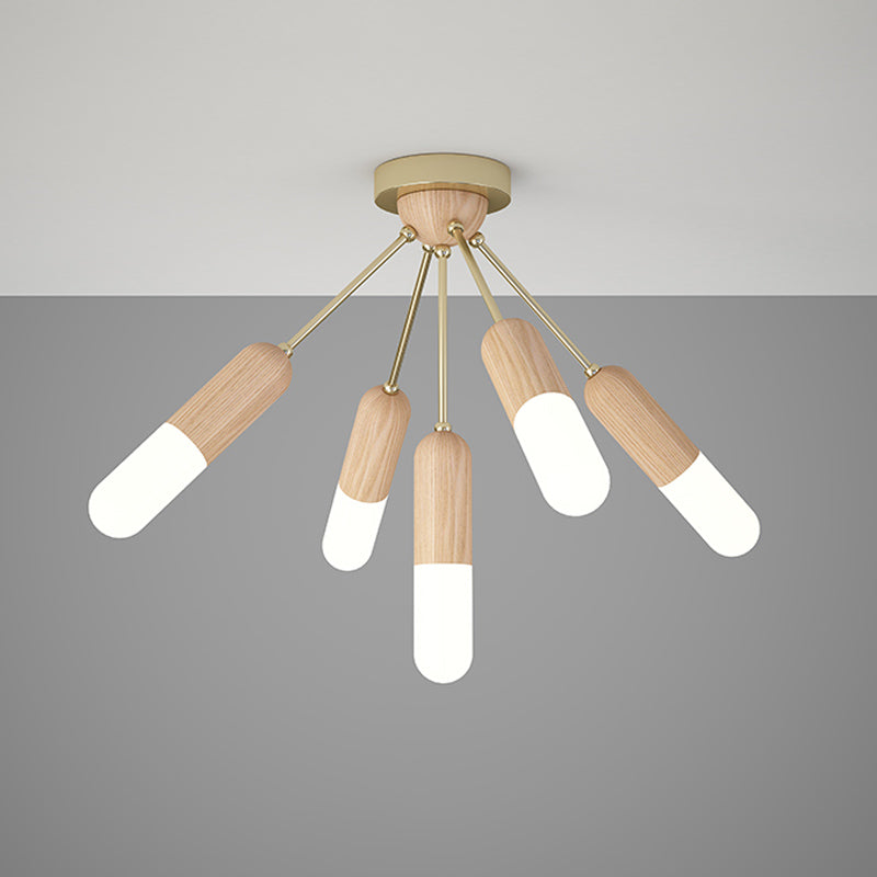 Wood Capsule Semi Mount Lighting Modernism 3/5-Light Beige Close to Ceiling Lamp for Bedroom 5 Wood Clearhalo 'Ceiling Lights' 'Close To Ceiling Lights' 'Close to ceiling' 'Semi-flushmount' Lighting' 863317