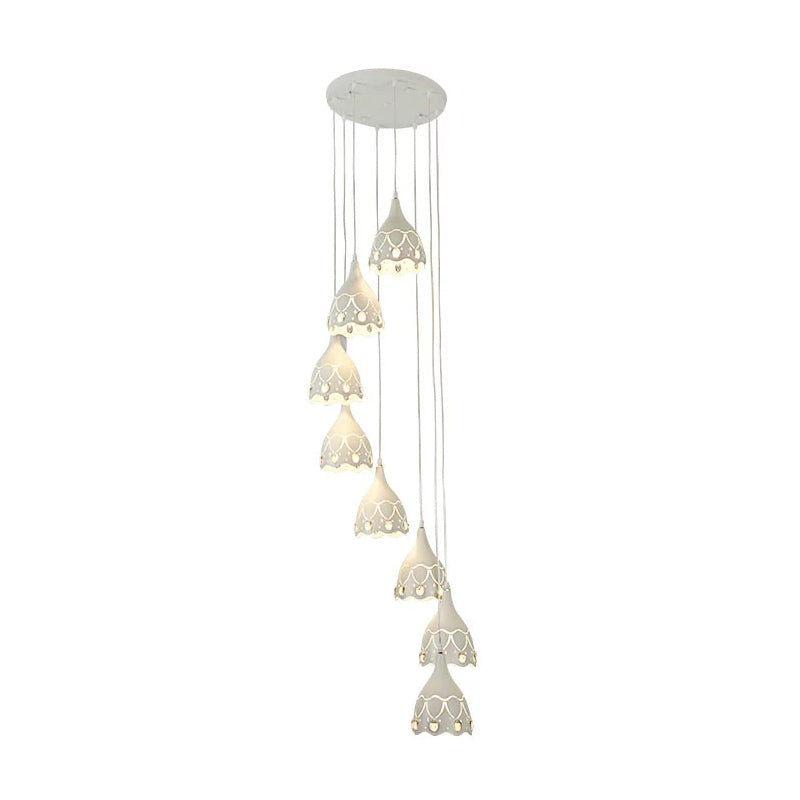 Spiral Multi Ceiling Light with Hollow Carved Design Contemporary Iron 8 Lights Stair Suspension Lamp in White Clearhalo 'Ceiling Lights' 'Modern Pendants' 'Modern' 'Pendant Lights' 'Pendants' Lighting' 863345