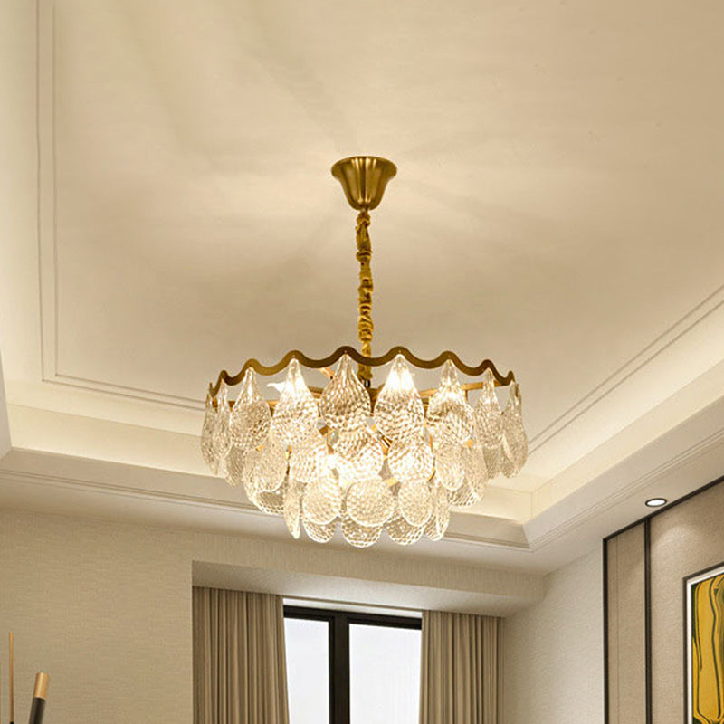 Tiered Bedroom Chandelier Lamp Postmodern Clear K9 Crystal 8 Bulbs Brass Suspension Light Clearhalo 'Ceiling Lights' 'Chandeliers' 'Modern Chandeliers' 'Modern' Lighting' 863417