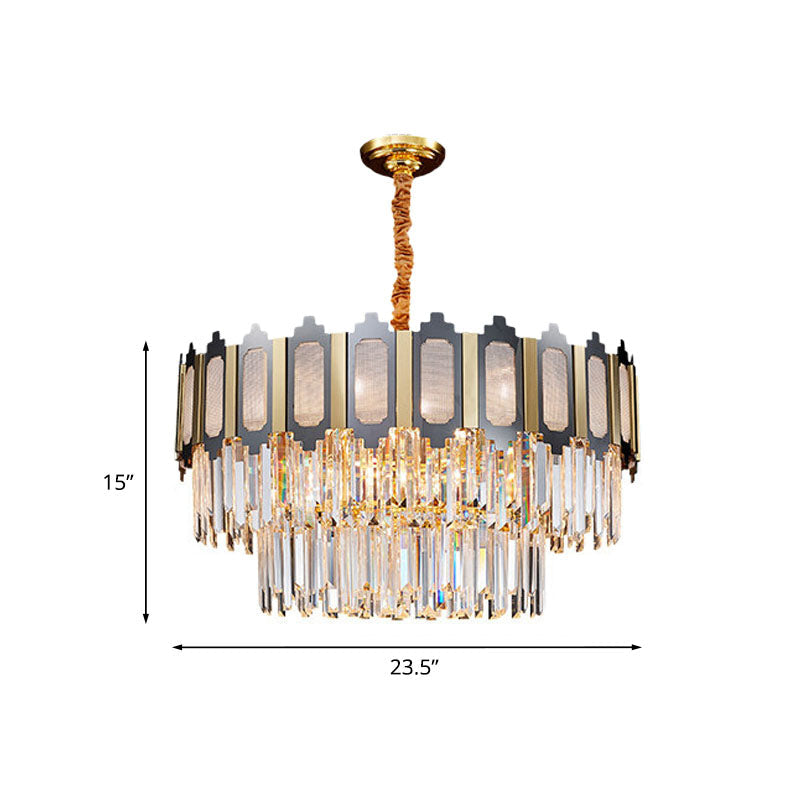 Tiered Bedroom Chandelier Lamp Modernism Clear Crystal 10 Heads Black and Gold Pendant Clearhalo 'Ceiling Lights' 'Chandeliers' 'Modern Chandeliers' 'Modern' Lighting' 863495