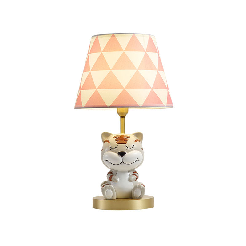 Conical Triangle-Print Fabric Table Light Kids Single Bulb Pink/Blue Night Stand Lamp with Resin Tiger Base Clearhalo 'Lamps' 'Table Lamps' Lighting' 863748