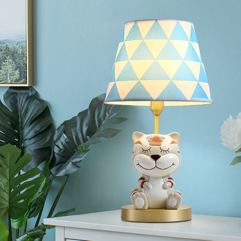 Conical Triangle-Print Fabric Table Light Kids Single Bulb Pink/Blue Night Stand Lamp with Resin Tiger Base Blue Clearhalo 'Lamps' 'Table Lamps' Lighting' 863750