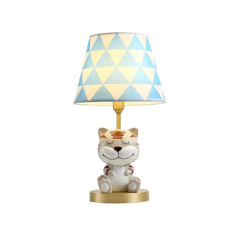 Conical Triangle-Print Fabric Table Light Kids Single Bulb Pink/Blue Night Stand Lamp with Resin Tiger Base Clearhalo 'Lamps' 'Table Lamps' Lighting' 863753