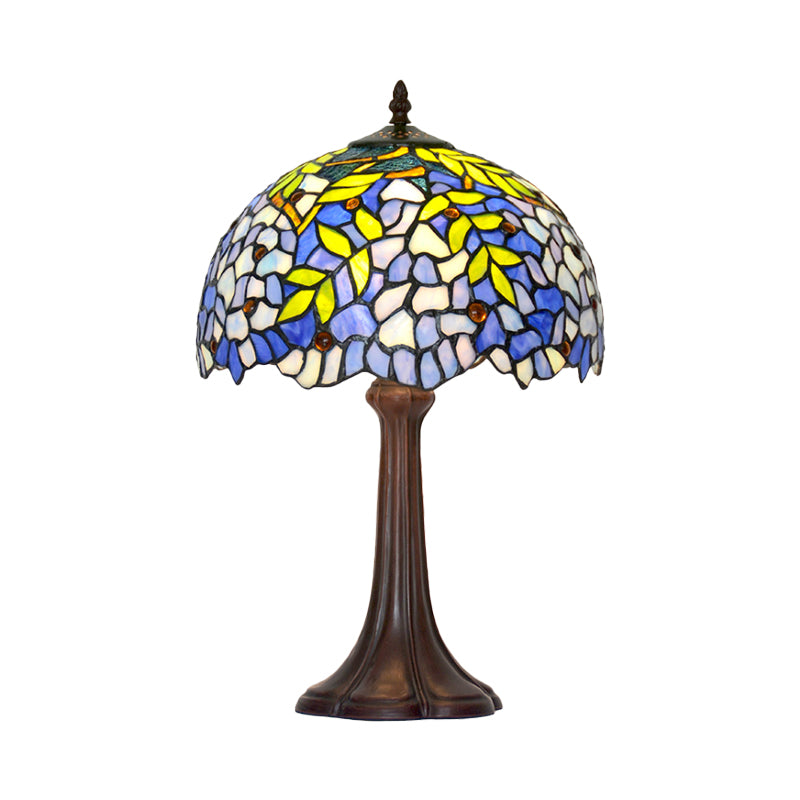 Mediterranean Leafy Pattern Table Lamp 1 Head Stained Glass Night Stand Light in Bronze Clearhalo 'Lamps' 'Table Lamps' Lighting' 863767