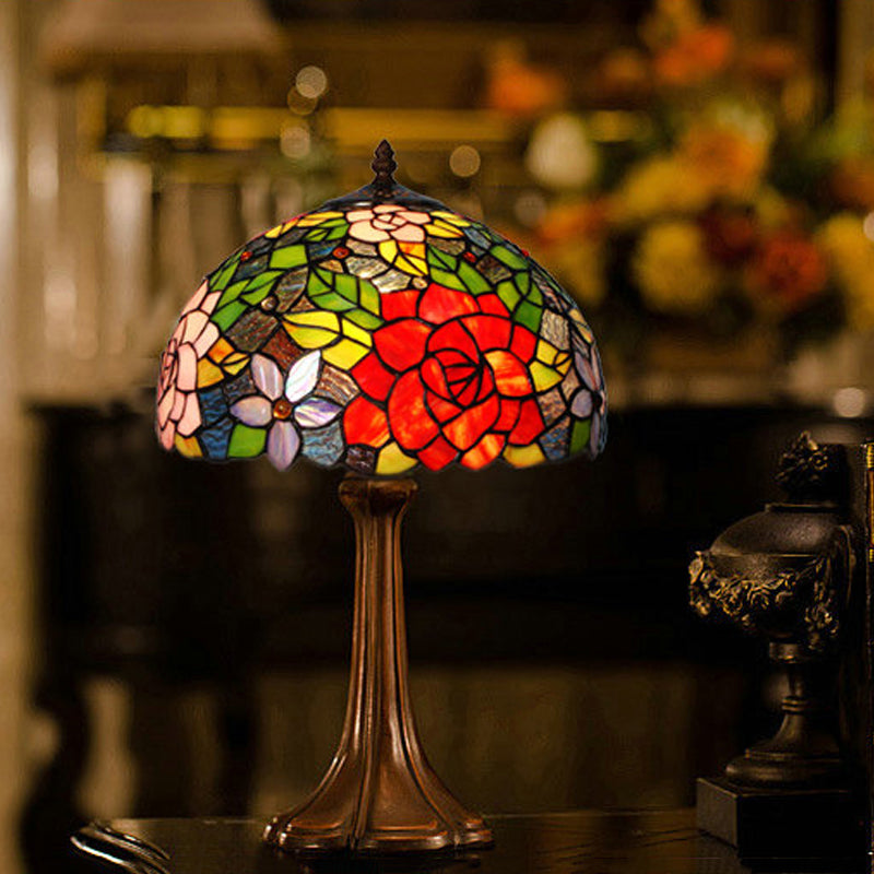 Hand-Cut Stained Glass Rose Table Light Victorian 1 Head Bronze Night Stand Lamp Bronze Clearhalo 'Lamps' 'Table Lamps' Lighting' 863778
