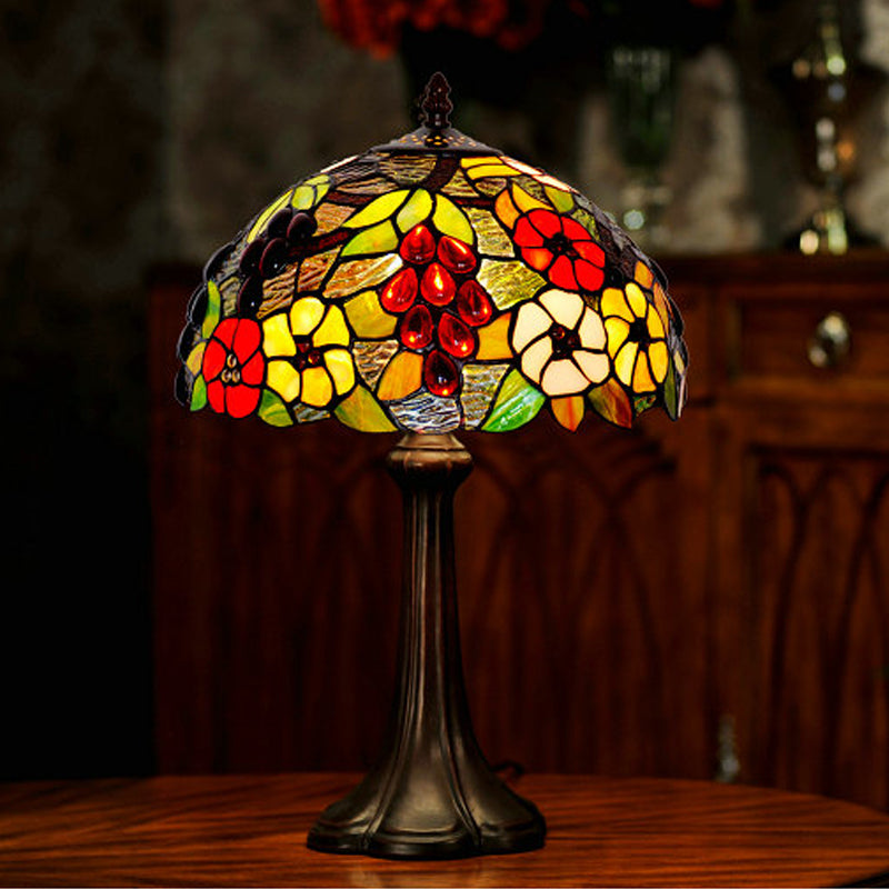 Stained Textured Glass Bronze Night Lamp Dome Shade 1 Bulb Tiffany Table Lighting with Grape and Flower Pattern Bronze Clearhalo 'Lamps' 'Table Lamps' Lighting' 863782