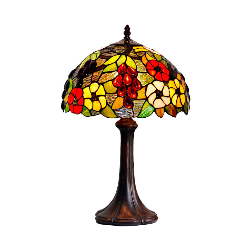Stained Textured Glass Bronze Night Lamp Dome Shade 1 Bulb Tiffany Table Lighting with Grape and Flower Pattern Clearhalo 'Lamps' 'Table Lamps' Lighting' 863783