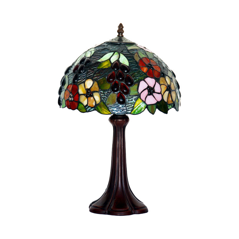 Stained Textured Glass Bronze Night Lamp Dome Shade 1 Bulb Tiffany Table Lighting with Grape and Flower Pattern Clearhalo 'Lamps' 'Table Lamps' Lighting' 863784