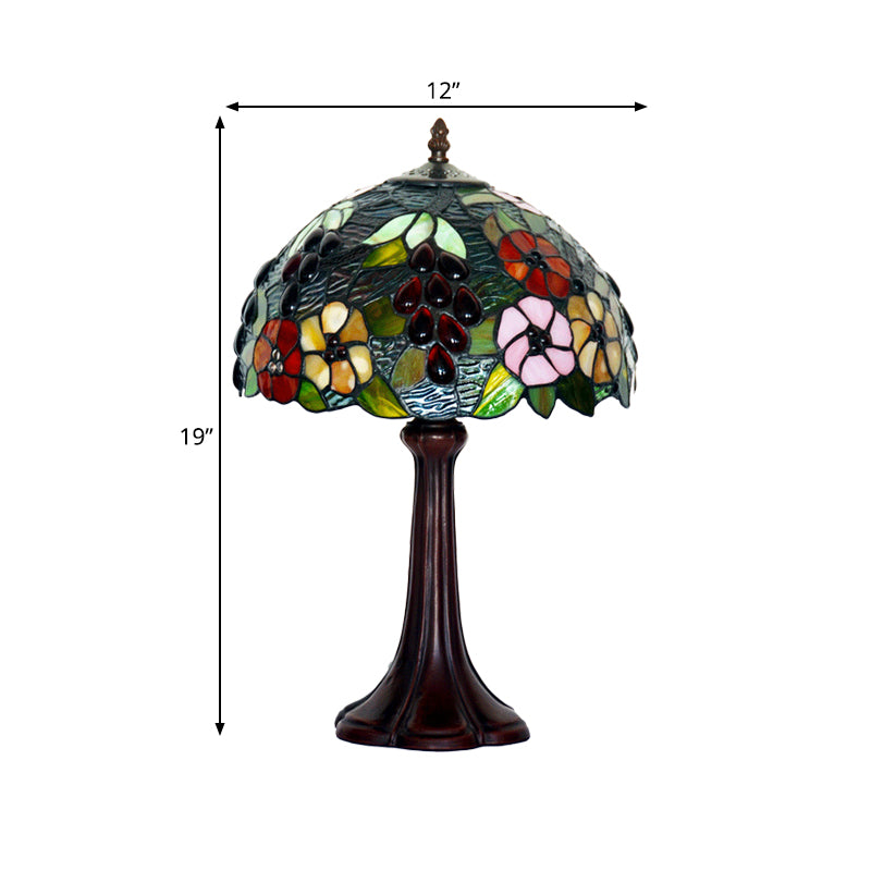 Stained Textured Glass Bronze Night Lamp Dome Shade 1 Bulb Tiffany Table Lighting with Grape and Flower Pattern Clearhalo 'Lamps' 'Table Lamps' Lighting' 863785