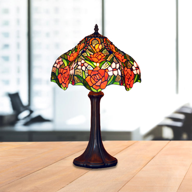 Ridged Shade Night Light Tiffany Stained Rose Patterned Glass Single Coffee Table Lamp Coffee Clearhalo 'Lamps' 'Table Lamps' Lighting' 863786