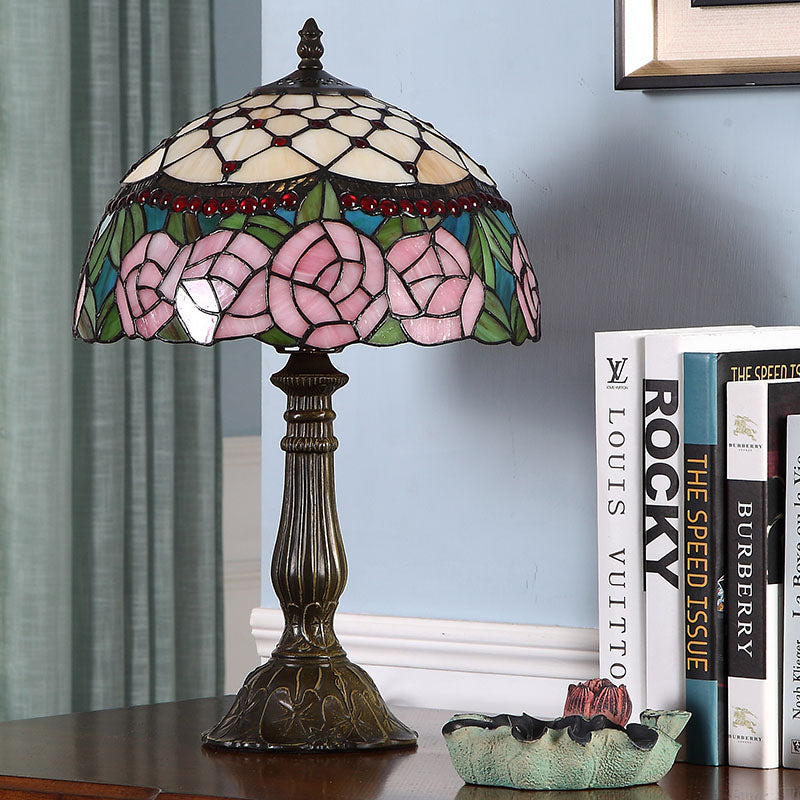 Single Living Room Nightstand Lamp Baroque Bronze Table Light with Beaded Roseborder Stained Glass Shade Bronze Clearhalo 'Lamps' 'Table Lamps' Lighting' 863790